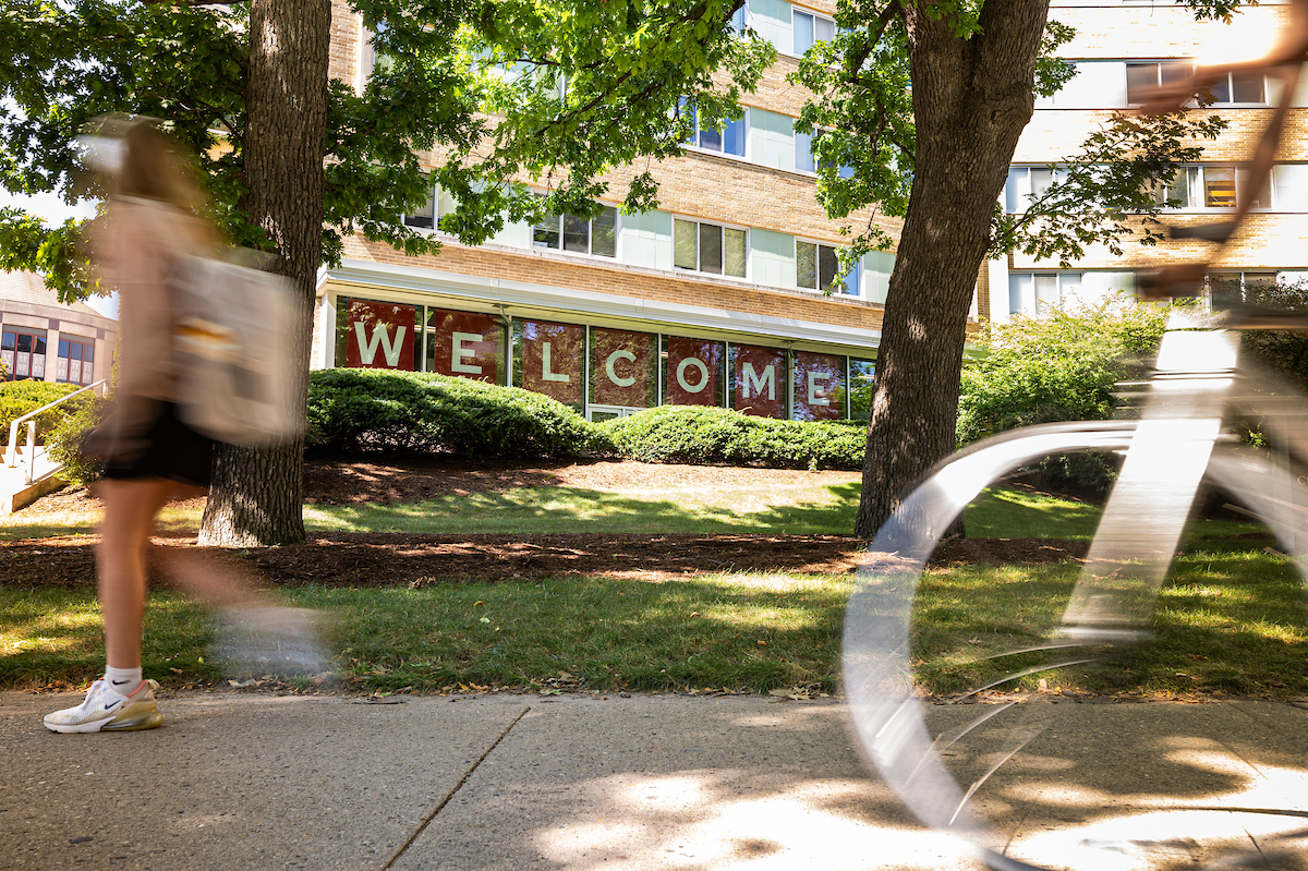 'Welcome' written on a dorm window.